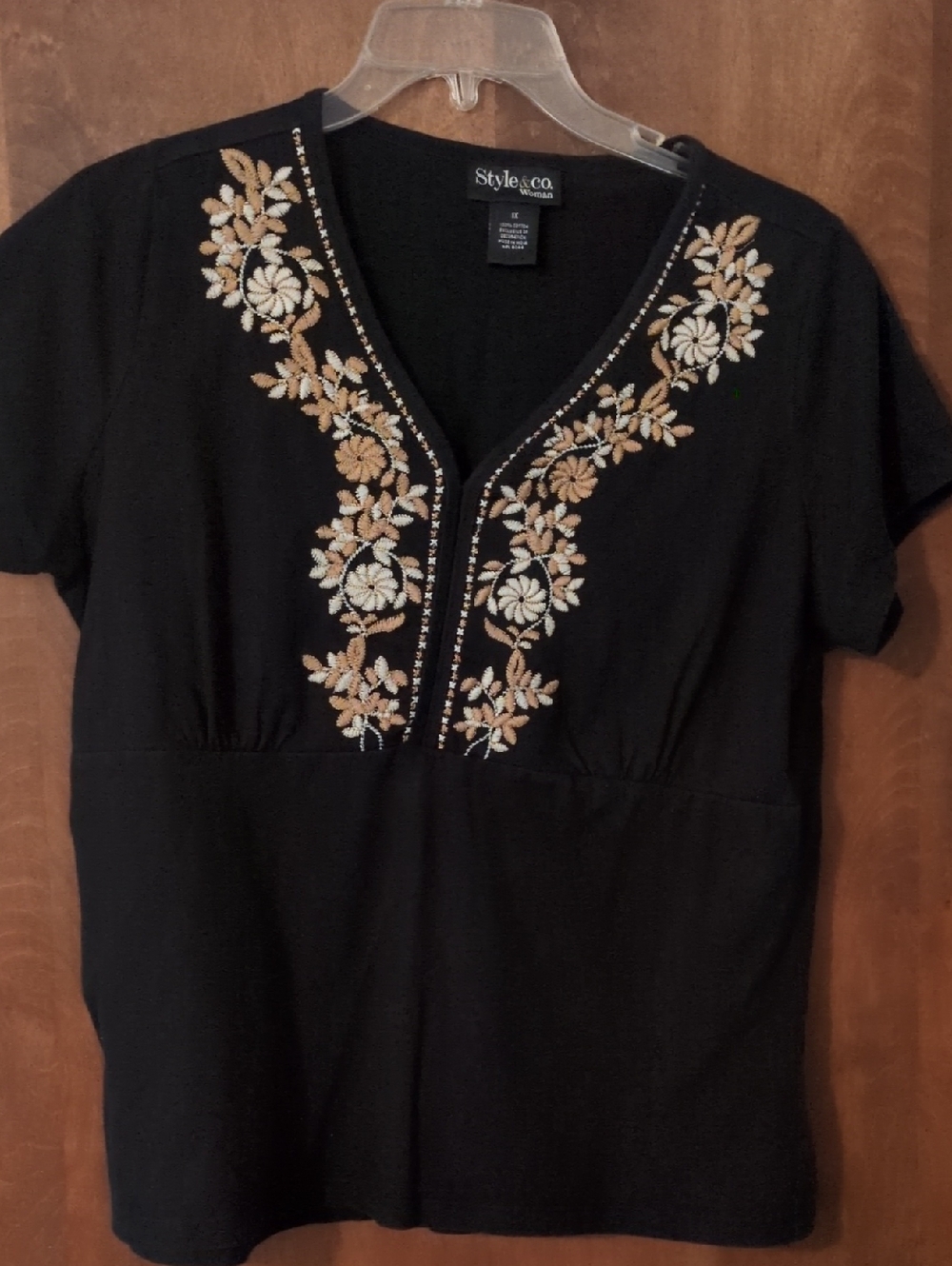 Style & Co. Black V-Neck Top with Gold & Cream Floral Embroidery